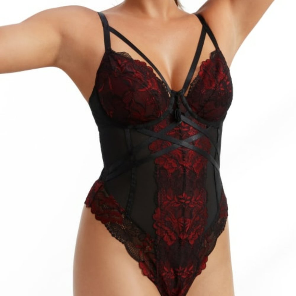 NWT Pour Moi After Hours Underwired Thong Back Bodysuit - Red/Black 36E $99.00